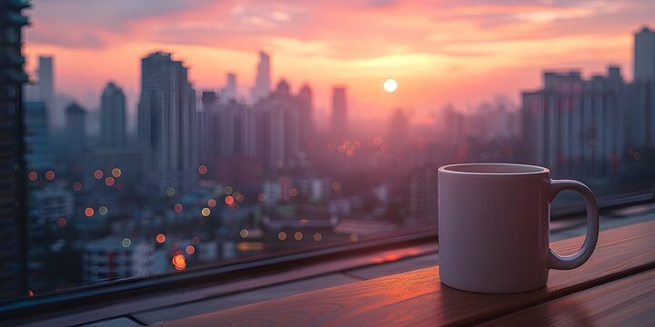 Fototapeta A white coffee cup sits on a wooden table overlooking a city at sunset