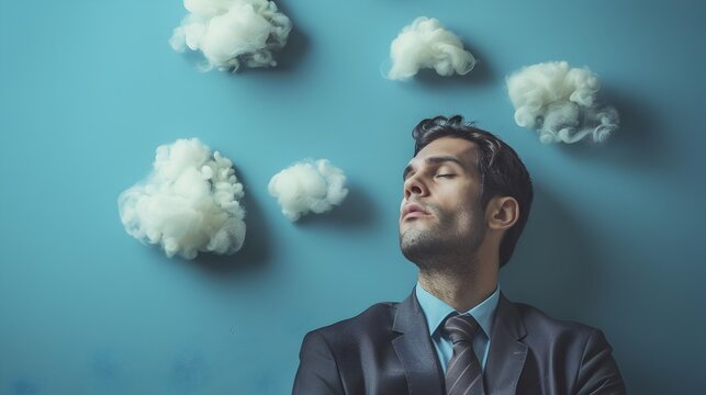 A man in a suit is looking at the clouds and it is in a relaxed state