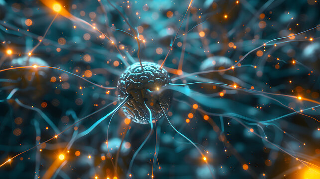 Close up active nerve cells. Human brain stimulation or activity with neurons, level of mind, intellectual achievements, possibility of people's intelligence, development of mental abilities concept