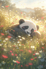 Fluffy Panda peacefully napping on a dreamy field of flowers V2