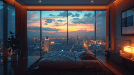 Luxurious Bedroom with Panoramic Cityscape View at Sunset