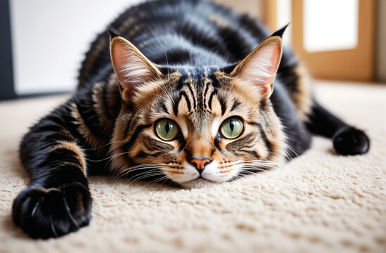 funny, cute cat close-up, lying on a soft carpet, looking straight at the viewer
