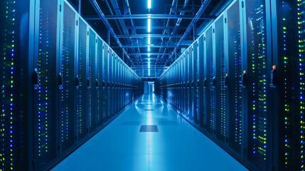 Modern Server Room Interior, Technology and Networking Concept, Dark Corridor Between Racks