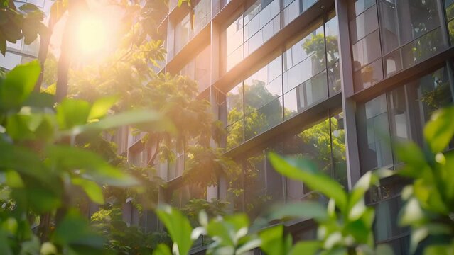 Architecture a modern glass building with a lot of green plants trees and bushes for business architecture environmental friendly, design, exterior, sky, garden