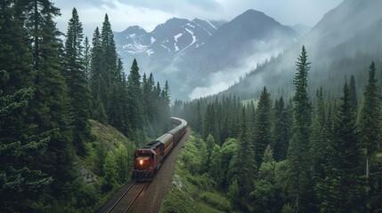 Train driving on railroad among green trees on rocky mountains and forest - Powered by Adobe