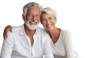 Happy elderly couple smiling together with their family in their home, isolated on transparent background.