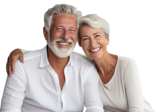 Happy elderly couple smiling together with their family in their home, isolated on transparent background.