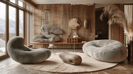 Modern Organic Shaped Furniture in Stylish Wood-Paneled Room