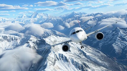 Air plane flies among the clouds over snowy capped mountains. Winter aerial landscape