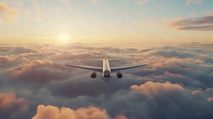 Airplane fly above sunset sky with clouds.