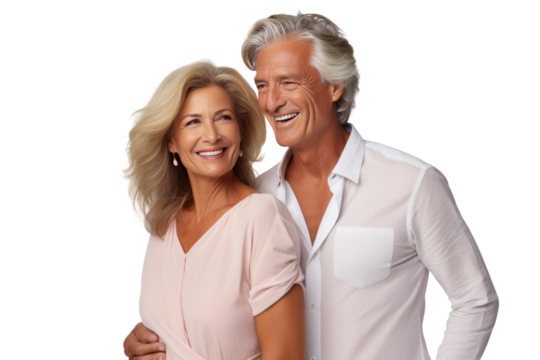 Happy elderly couple smiling together with their family in their home, isolated on transparent background.