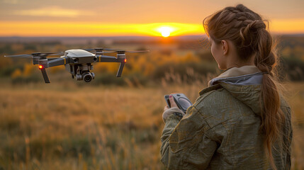 Fototapeta premium Female Farmer in a field at sunset, operating a drone, which symbolizes modern agricultural technology and innovation.