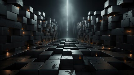 Mysterious boxes in a dark, reflective labyrinth