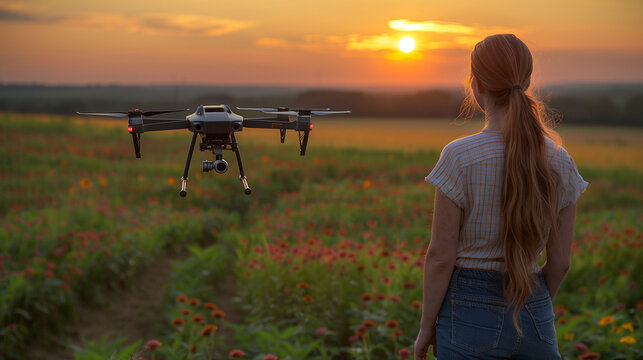 Female Farmer in a field at sunset, operating a drone, which symbolizes modern agricultural technology and innovation.