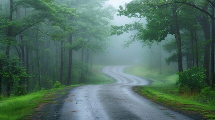 Obraz premium Dark green Wet misty road trough forest after rain