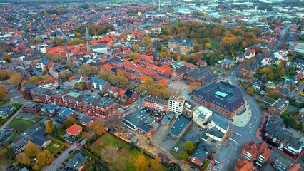 Aerial view of the old town around the city Ahaus on an overcast day in fall in Germany.	