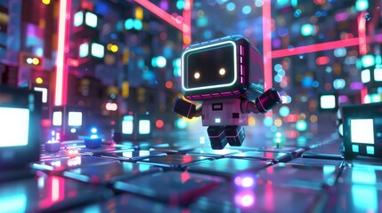 A small, cute blocky robot exploring a vibrant neon-lit cyber cityscape at night.