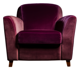 A fictional art deco style lounge chair done in purple velour plush material covering