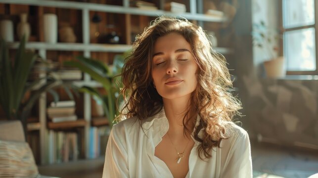 A woman in a serene pose meditates in a sunlit room filled with plants, embodying tranquility and mindfulness.