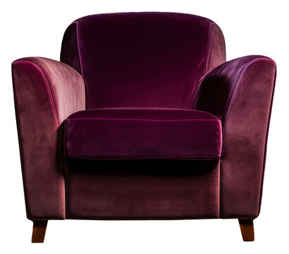 A fictional art deco style lounge chair done in purple velour plush material covering