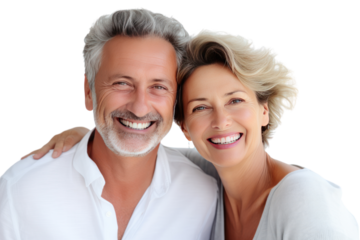 Happy elderly couple smiling together with their family in their home, isolated on transparent background.