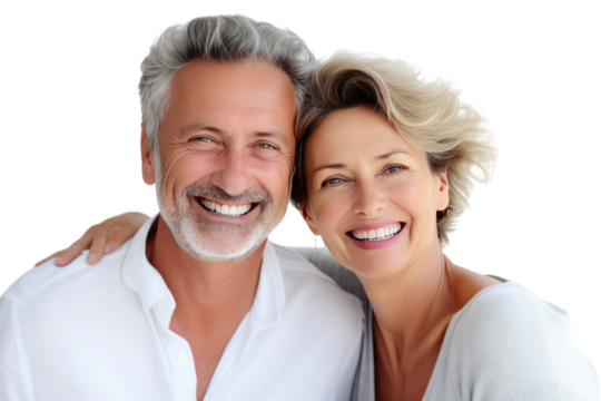 Happy elderly couple smiling together with their family in their home, isolated on transparent background.