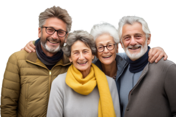 Happy elderly couple smiling together with their family in their home,  on transparent background.
