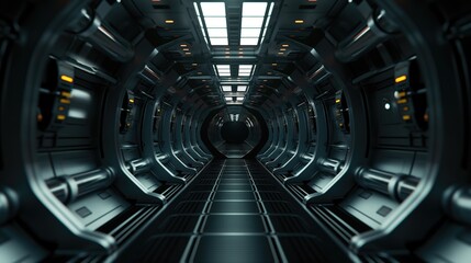 Futuristic spaceship corridor with illuminated panels - concept of sci-fi, interstellar travel, and advanced technology - obrazy, fototapety, plakaty
