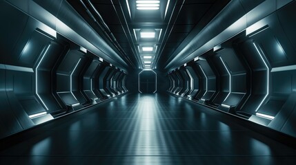Sleek and modern spaceship hallway with glowing edges - concept of futuristic travel and space exploration