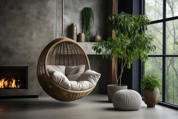 Modern scandinavian living room with rattan lounge chair, wicker pouf, and white sofa by fireplace
