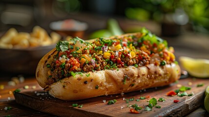 Gourmet Hotdog with Toppings on a Wooden Board. Gourmet hotdog loaded with toppings and served on a rustic wooden board, garnished with herbs. - obrazy, fototapety, plakaty