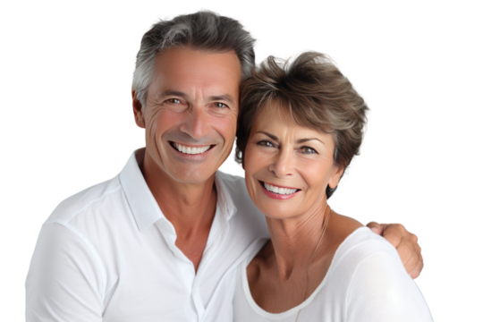 Happy elderly couple smiling together with their family in their home,  on transparent background.