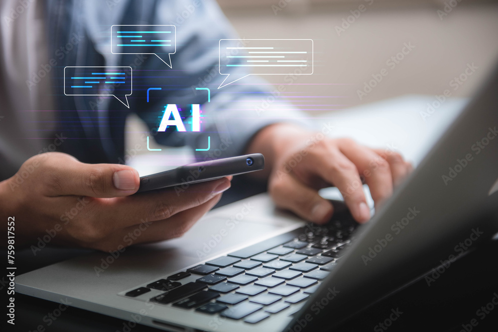 Fototapete Digital chatbots are used by customers access to data and information in online networks, service applications, worldwide connectivity, artificial intelligence (AI), innovation, and technology.