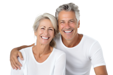 Happy elderly couple smiling together with their family in their home,  on transparent background.