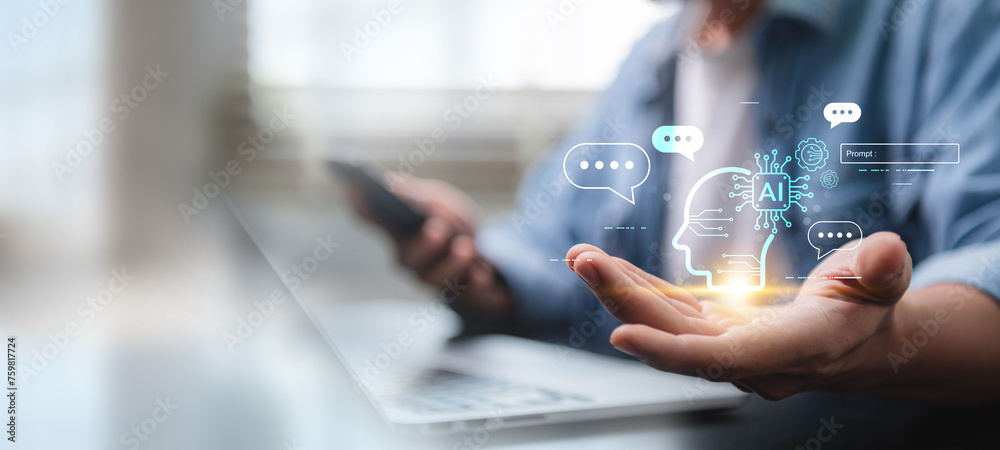 Fototapete Artificial intelligence technology. Human uses AI chatbot, artificial intelligence, futuristic technology transformation to generate something through prompts