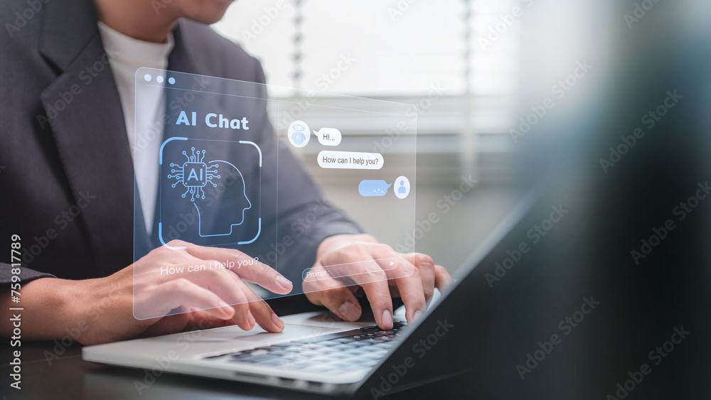 Fototapete Artificial intelligence technology. Human uses AI chatbot, artificial intelligence, futuristic technology transformation to generate something through prompts.