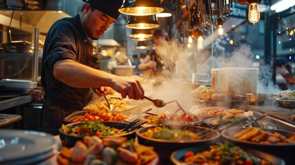 Busy Chef Preparing Meals at a Market Food Stall. Busy chef skillfully prepares a variety of meals...