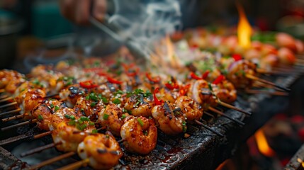 Grilled Shrimp Skewers at Outdoor Market. Juicy grilled shrimp skewers seasoned with herbs and spices, being cooked over an open flame at an outdoor market.