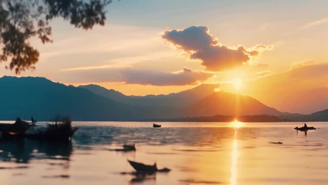 illustration fantasy style beautiful sunset over the lake