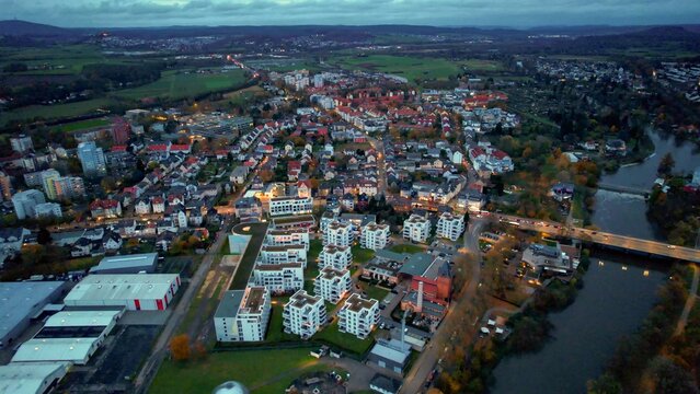 Aerial view of the old town around the city Giessen on an overcast day in fall in Germany.	