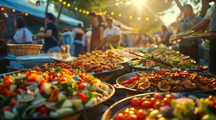 Summer Evening Food Festival Buffet Spread. Evening buffet spread at a summer food festival, featuring an array of delicious dishes under festive lights. - obrazy, fototapety, plakaty