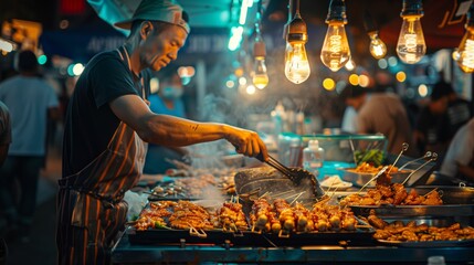Street Chef Frying Savory Snacks at Night Market. Street chef attentively frying savory snacks at a night market, illuminated by ambient lighting. - obrazy, fototapety, plakaty