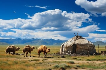 Picturesque central asian landscape featuring traditional camels and tents, typical of the region - obrazy, fototapety, plakaty