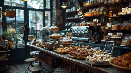 Stickers muraux Boulangerie Artisan Bakery Interior with Assorted Pastries. Cozy artisan bakery filled with various pastries, from croissants to tarts, showcased in a charming interior setting.