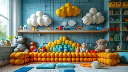 Colorful children's playroom with plush toys, cushions, and cloud-shaped shelves.