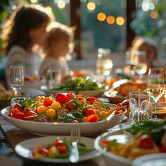 Healthy food, dietary guidelines, family mealtime, showcasing the influence on well-being Photography image, Backlights lighting, Depth of Field bokeh effect