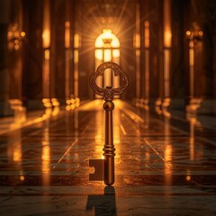 Golden key, Red Carpet, Historic treaty signing at sunset in a grand hall with marble floors and ornate pillars, a symbolic gesture of unity and peace, 4K photography, Soft golden hour lighting