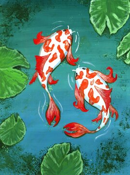 gouache hand-painted koi carp in a pond among the leaves of water lilies. Illustration of Japanese fish.