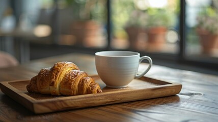 Fresh croissant paired with a warm cup evokes a gourmet morning
