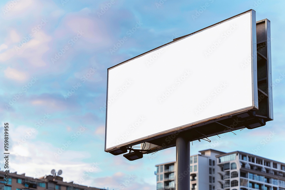 Wall mural blank billboard mockup with white screen against clouds and blue sky background. copy space banner f